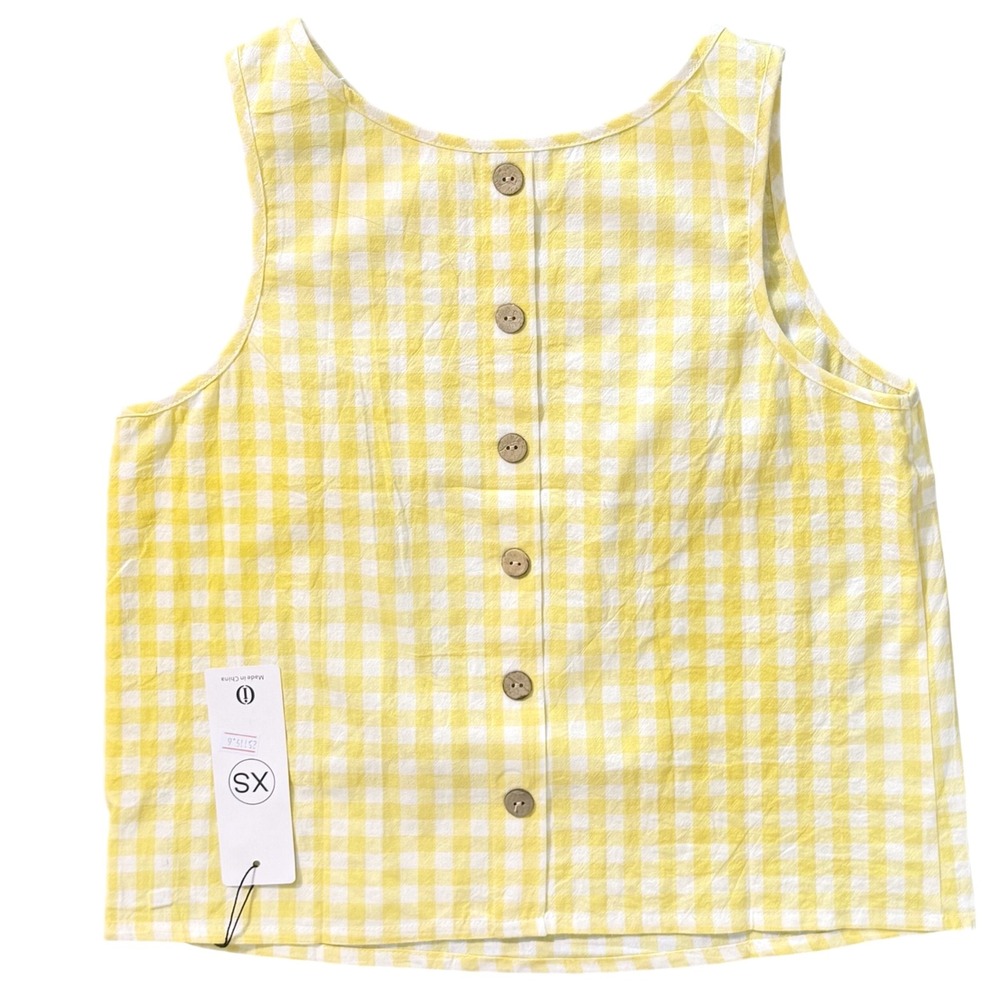 NWT Yellow Gingham Tank Top Women Cotton Plaid Button Back Crop Blouse XS - Picture 4 of 5